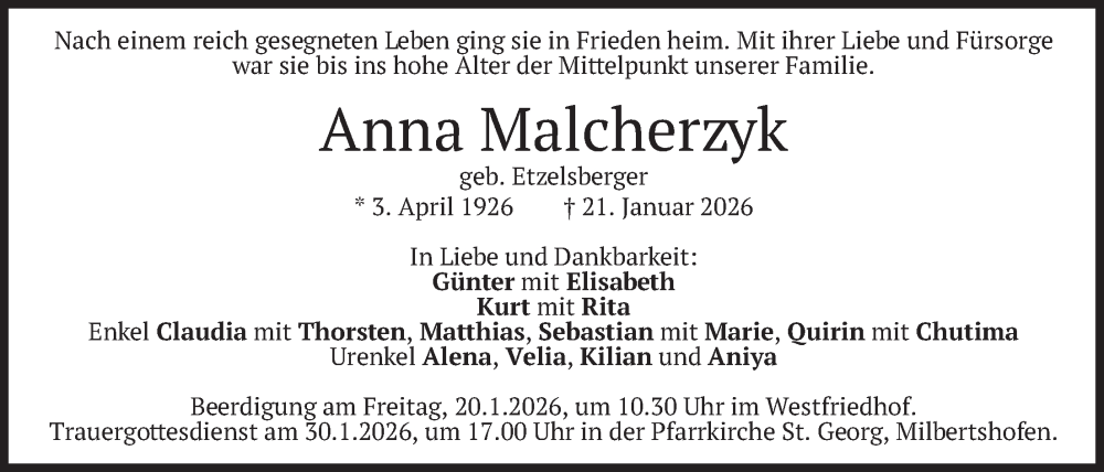  Traueranzeige für Anna Malcherzyk vom 28.01.2026 aus merkurtz