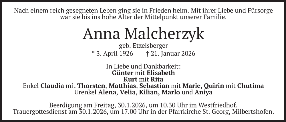  Traueranzeige für Anna Malcherzyk vom 29.01.2026 aus merkurtz