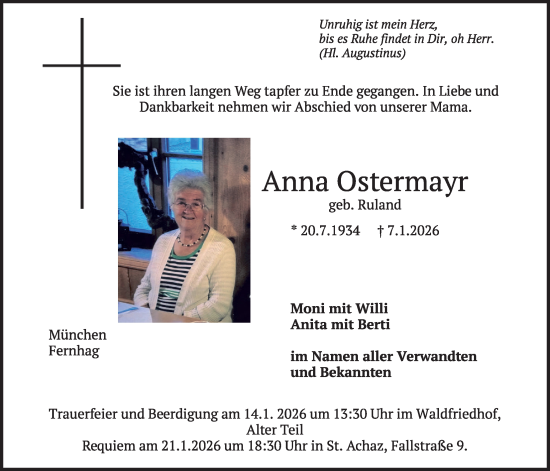 Traueranzeige von Anna Ostermayr von merkurtz