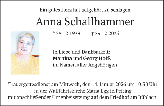 Traueranzeige von Anna Schallhammer von merkurtz