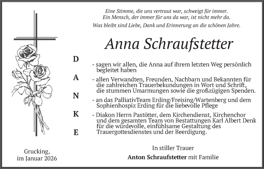  Traueranzeige für Anna Schraufstetter vom 10.01.2026 aus merkurtz