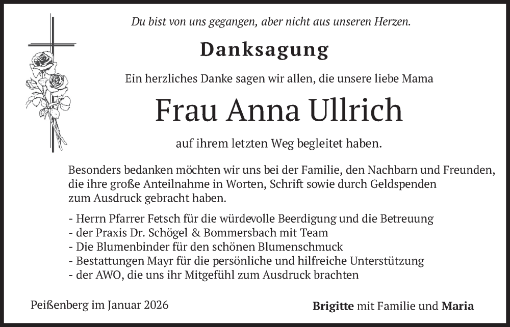  Traueranzeige für Anna Ullrich vom 31.01.2026 aus merkurtz