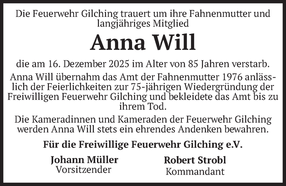  Traueranzeige für Anna Will vom 13.01.2026 aus merkurtz