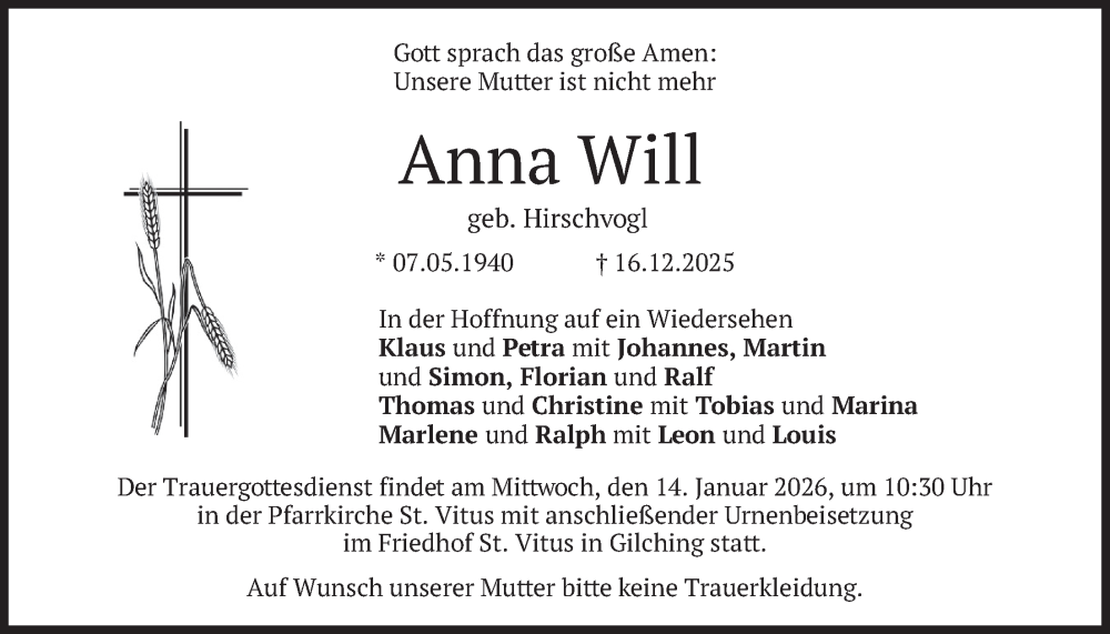  Traueranzeige für Anna Will vom 03.01.2026 aus merkurtz