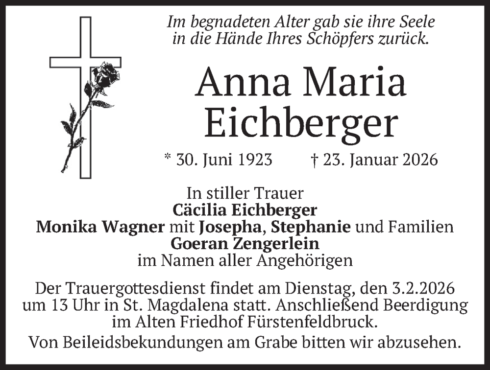  Traueranzeige für Anna Maria Eichberger vom 31.01.2026 aus merkurtz