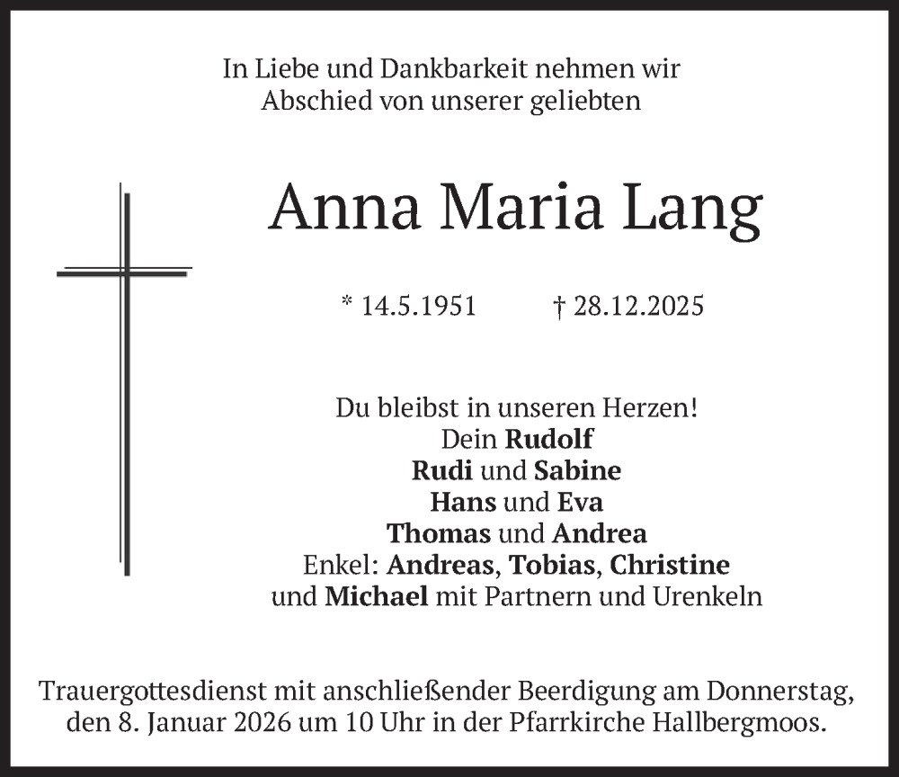  Traueranzeige für Anna Maria Lang vom 03.01.2026 aus merkurtz