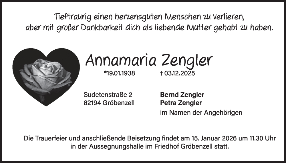  Traueranzeige für Annamaria Zengler vom 10.01.2026 aus merkurtz