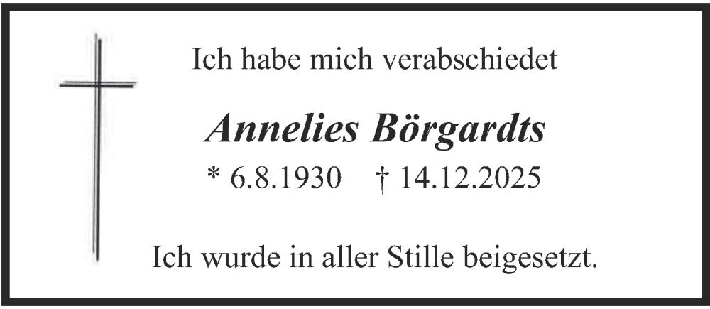  Traueranzeige für Annelies Börgardts vom 14.01.2026 aus merkurtz