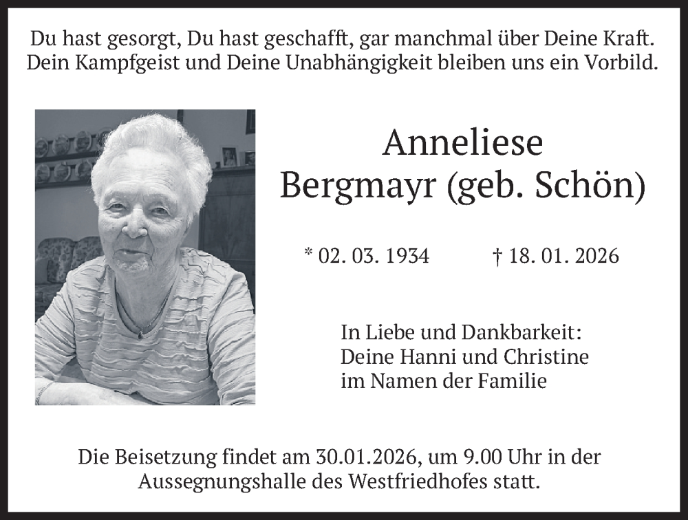  Traueranzeige für Anneliese Bergmayr vom 24.01.2026 aus merkurtz