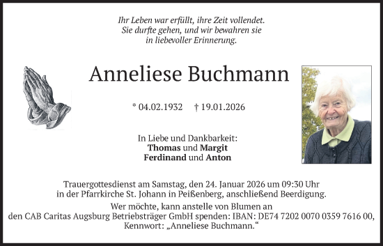 Traueranzeige von Anneliese Buchmann von merkurtz