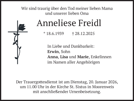 Traueranzeige von Anneliese Freidl von merkurtz