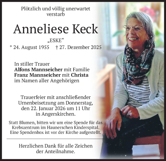 Traueranzeige von Anneliese Keck von merkurtz