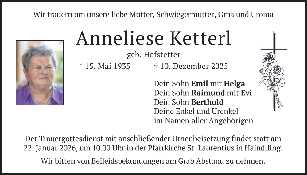  Traueranzeige für Anneliese Ketterl vom 17.01.2026 aus merkurtz
