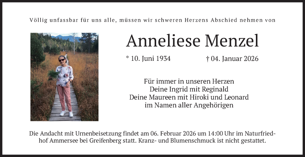  Traueranzeige für Anneliese Menzel vom 23.01.2026 aus merkurtz