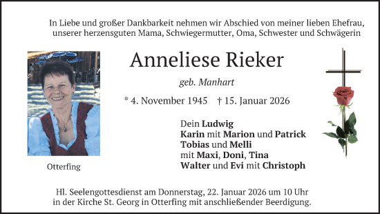 Traueranzeige von Anneliese Rieker von merkurtz