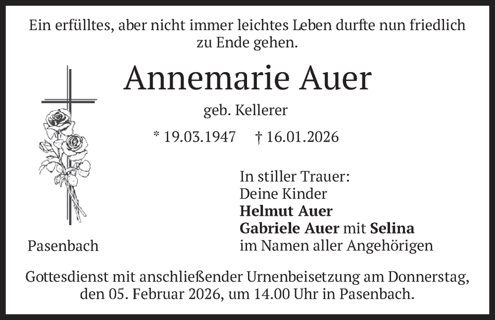  Traueranzeige für Annemarie Auer vom 31.01.2026 aus merkurtz