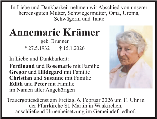 Traueranzeige von Annemarie Krämer von merkurtz