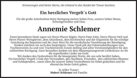 Traueranzeige von Annemie Schlemer von merkurtz