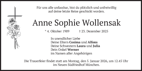 Traueranzeige von Anne Sophie Wollensak von merkurtz
