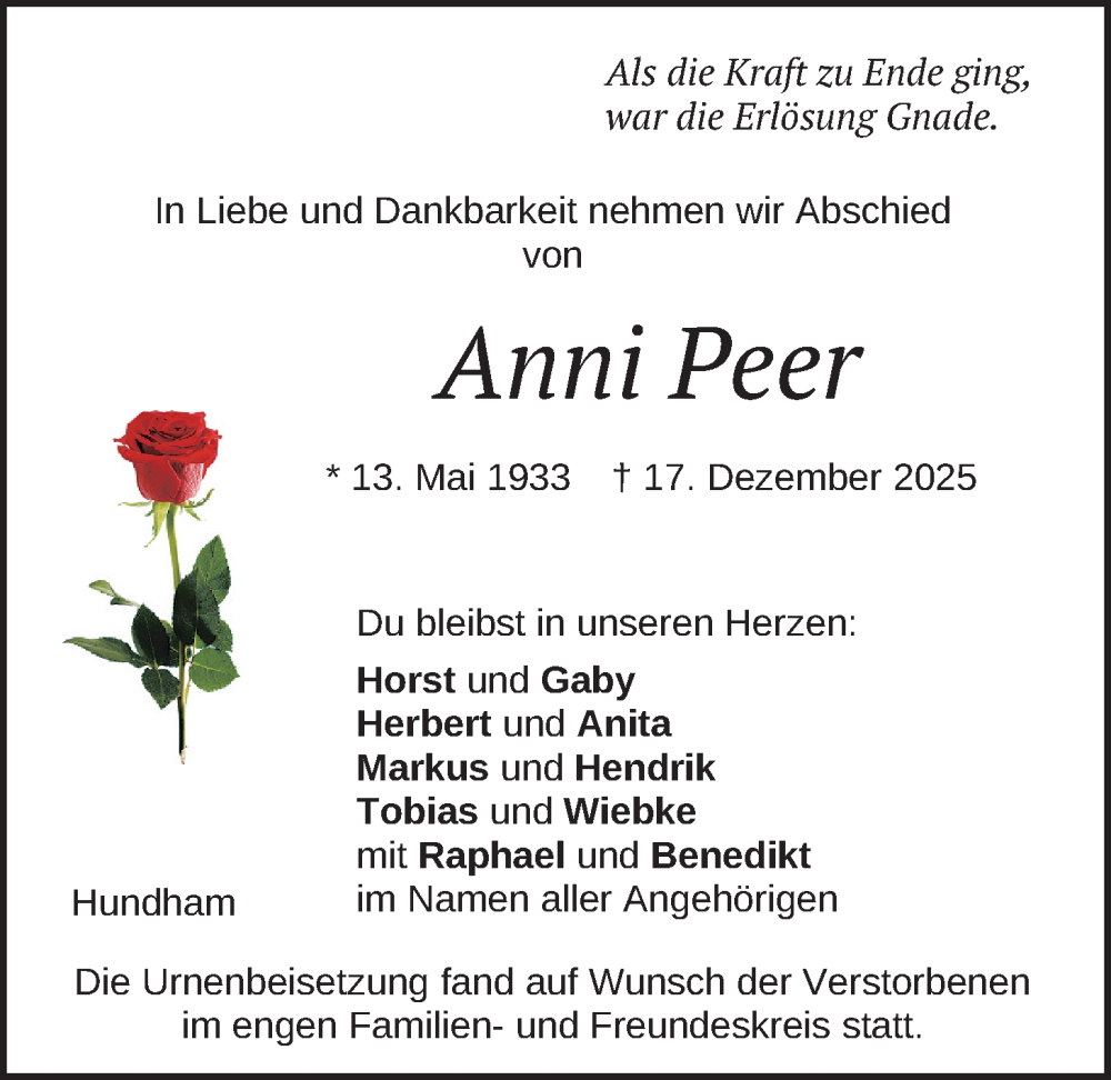  Traueranzeige für Anni Peer vom 10.01.2026 aus merkurtz