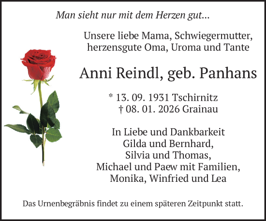 Traueranzeige von Anni Reindl von merkurtz