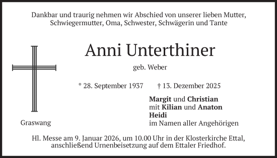 Traueranzeige von Anni Unterthiner von merkurtz