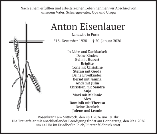 Traueranzeige von Anton Eisenlauer von merkurtz