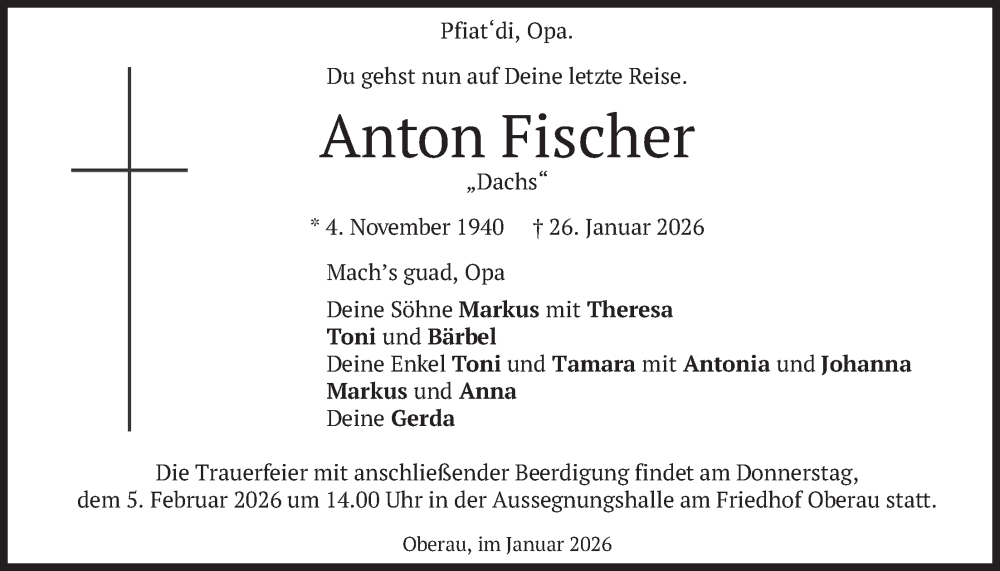  Traueranzeige für Anton Fischer vom 31.01.2026 aus merkurtz