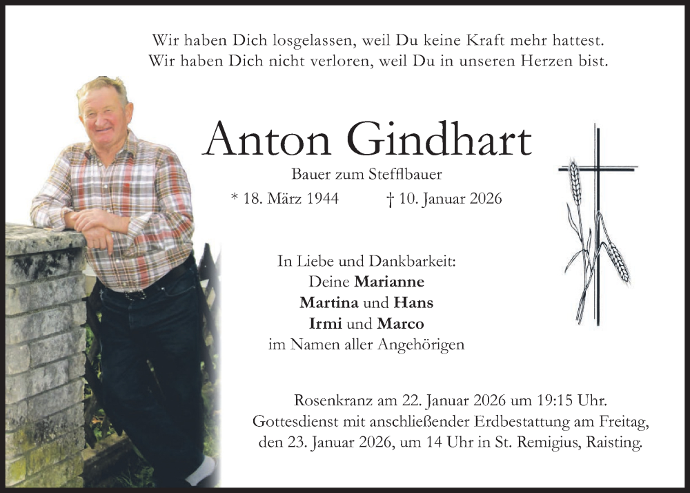  Traueranzeige für Anton Gindhart vom 17.01.2026 aus merkurtz