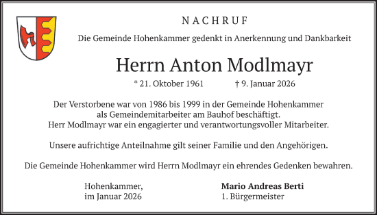 Traueranzeige von Anton Modlmayr von merkurtz