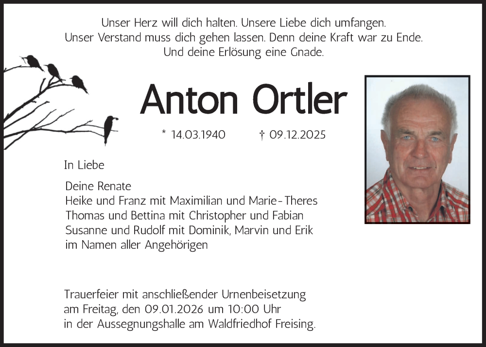  Traueranzeige für Anton Ortler vom 03.01.2026 aus merkurtz