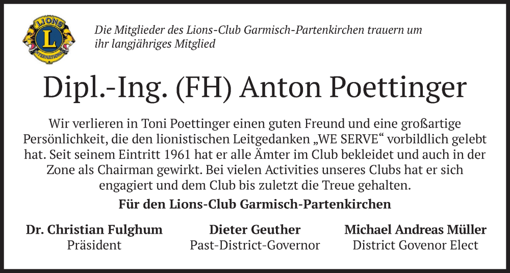  Traueranzeige für Anton Poettinger vom 31.01.2026 aus merkurtz