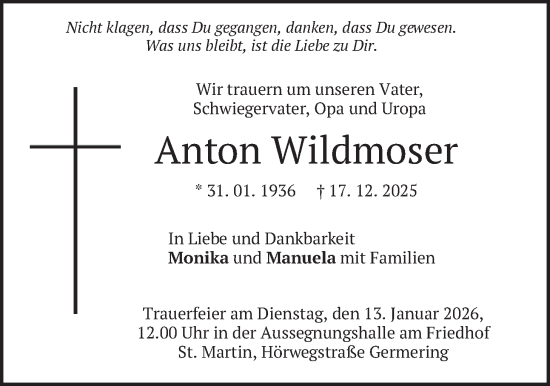 Traueranzeige von Anton Wildmoser von merkurtz
