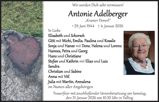 Traueranzeige von Antonie Adelberger von merkurtz