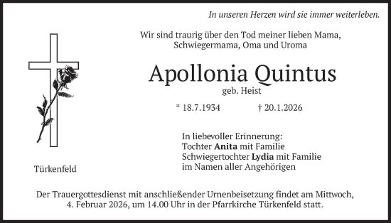 Traueranzeige von Apollonia Quintus von merkurtz