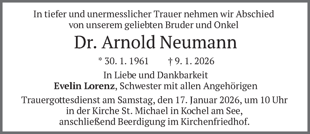  Traueranzeige für Arnold Neumann vom 14.01.2026 aus merkurtz