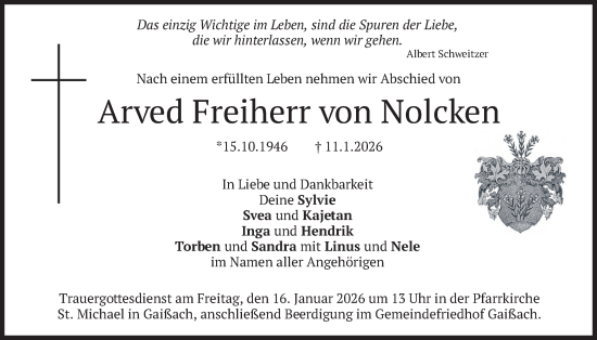 Traueranzeige von Arved Freiherr von Nolcken von merkurtz