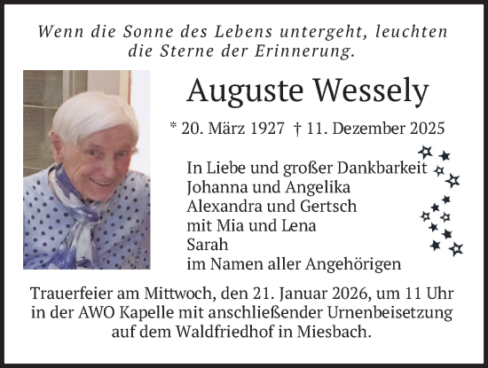 Traueranzeige von Auguste Wessely von merkurtz