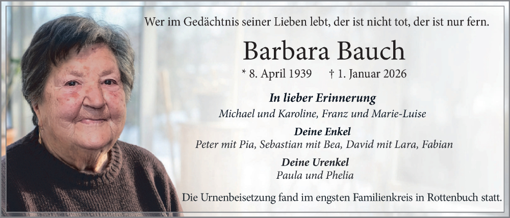  Traueranzeige für Barbara Bauch vom 24.01.2026 aus merkurtz