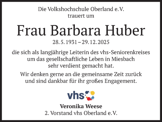 Traueranzeige von Barbara Huber von merkurtz