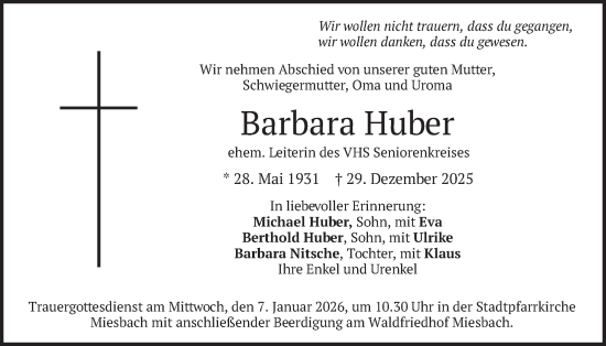 Traueranzeige von Barbara Huber von merkurtz