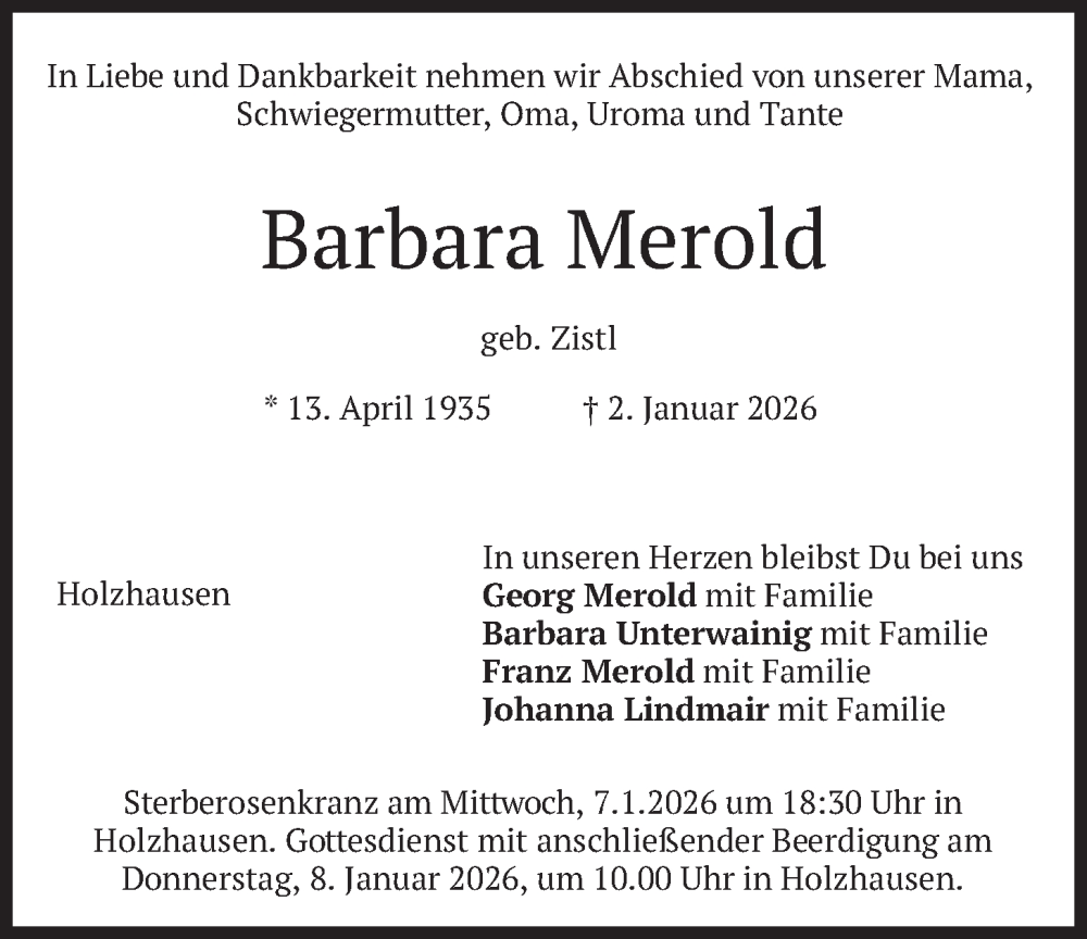  Traueranzeige für Barbara Merold vom 07.01.2026 aus merkurtz