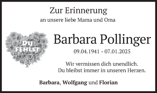 Traueranzeige von Barbara Pollinger von merkurtz