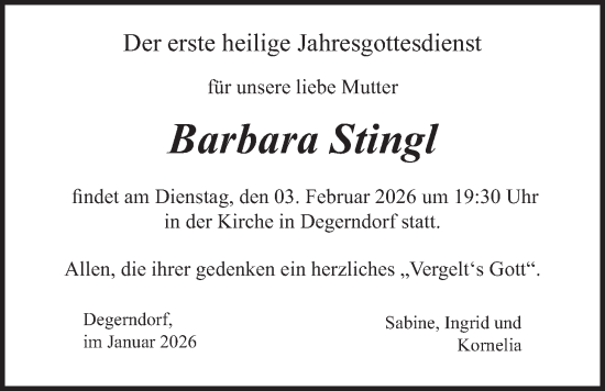 Traueranzeige von Barbara Stingl von merkurtz