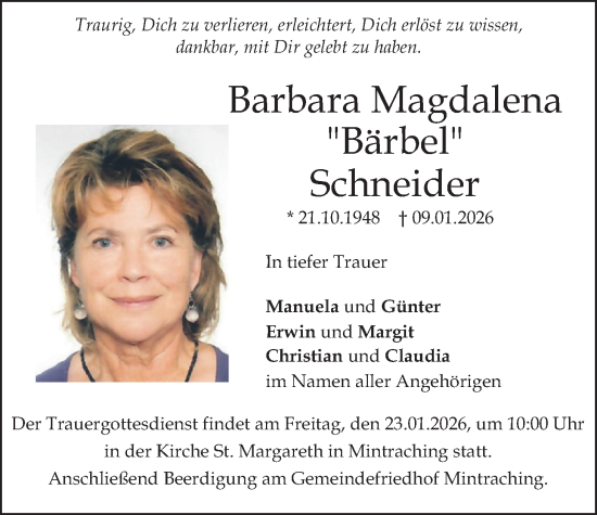 Traueranzeige von Barbara Magdalena Schneider von merkurtz
