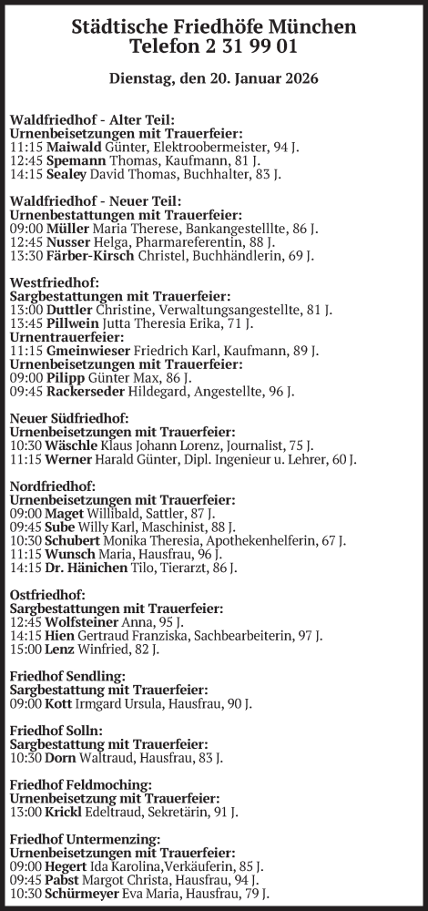 Traueranzeige von Beerdigungen vom 20.01.2026 von merkurtz