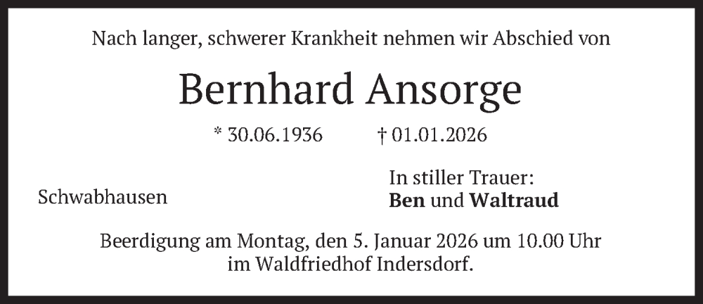  Traueranzeige für Bernhard Ansorge vom 03.01.2026 aus merkurtz