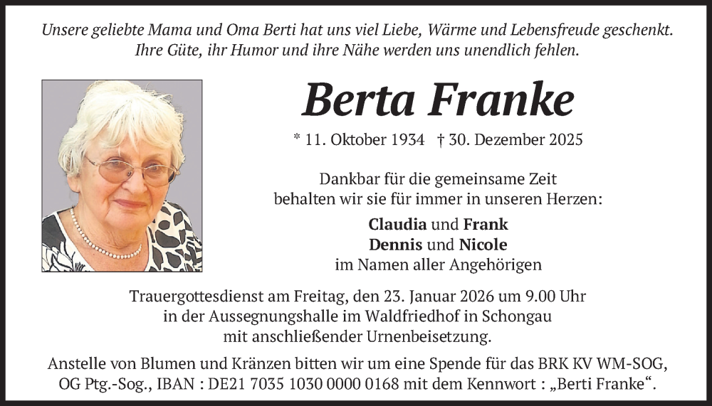  Traueranzeige für Berta Franke vom 17.01.2026 aus merkurtz