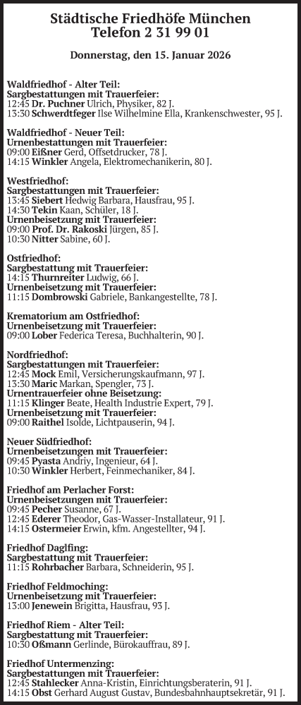 Traueranzeige von Bestattungen vom 15.01.2026 von merkurtz