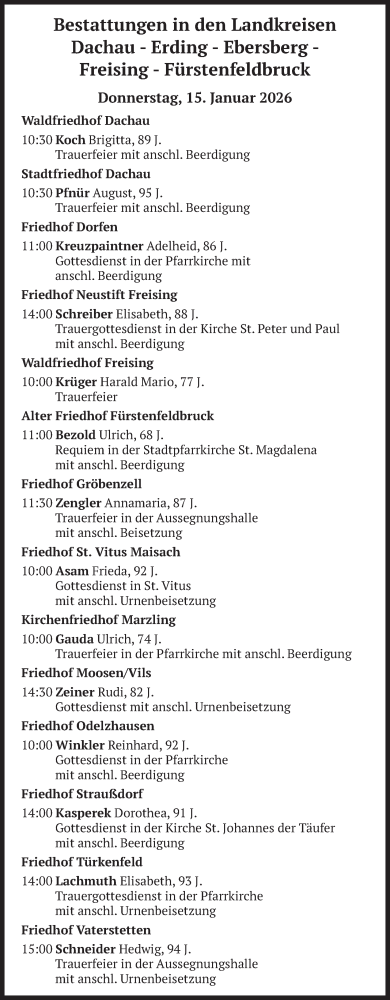 Traueranzeige von Bestattungen vom 15.01.2026 von merkurtz